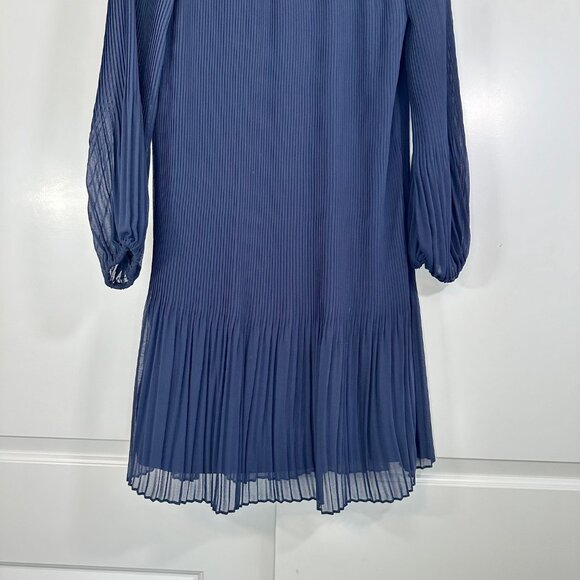 Navy Tie Neck Pleated Long Sleeve Dress 10 - Picture 12 of 13